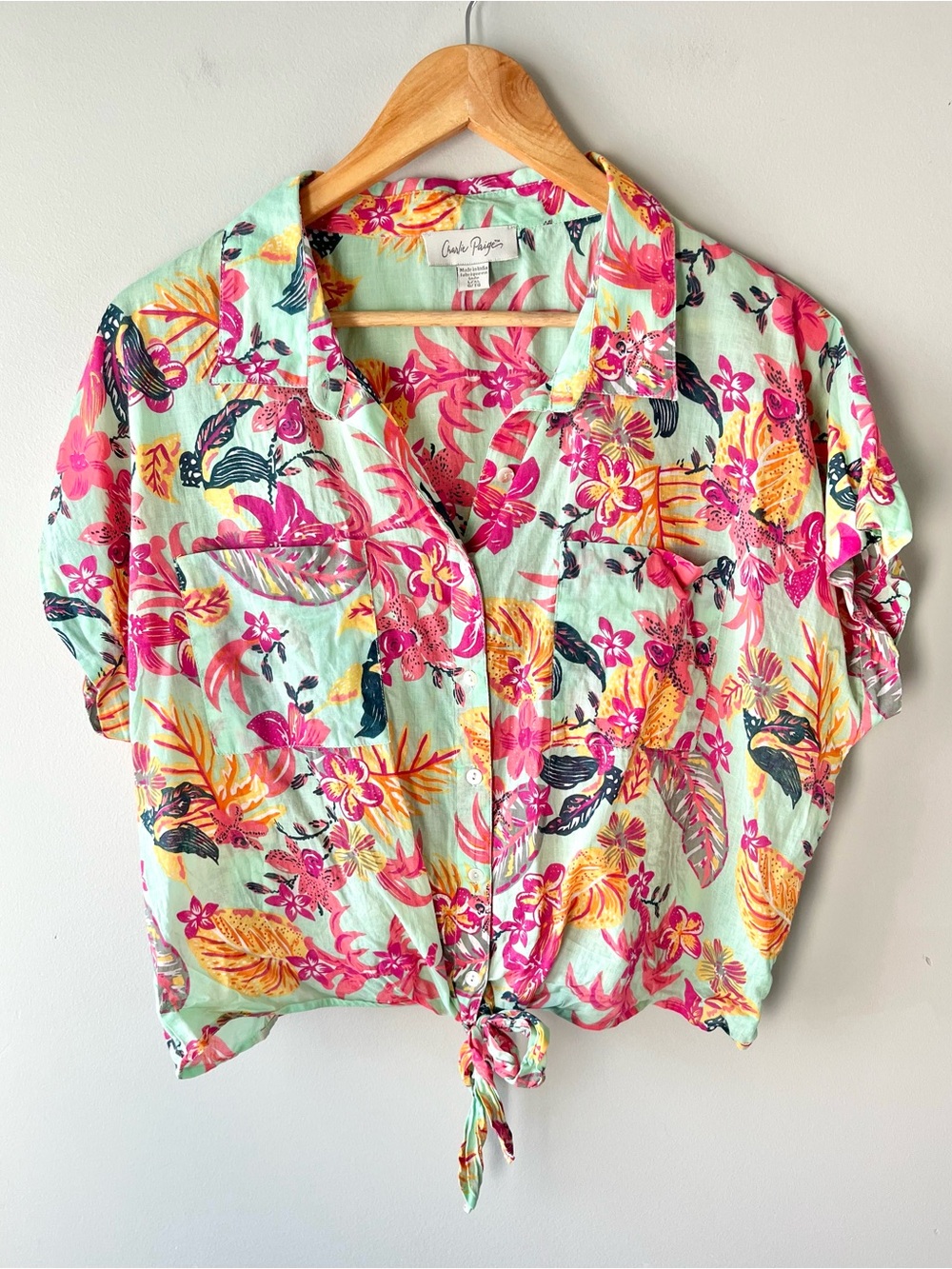 Charlie Paige Mint Green Floral Button-Front Blouse Size L/XL Cotton -Resortwear